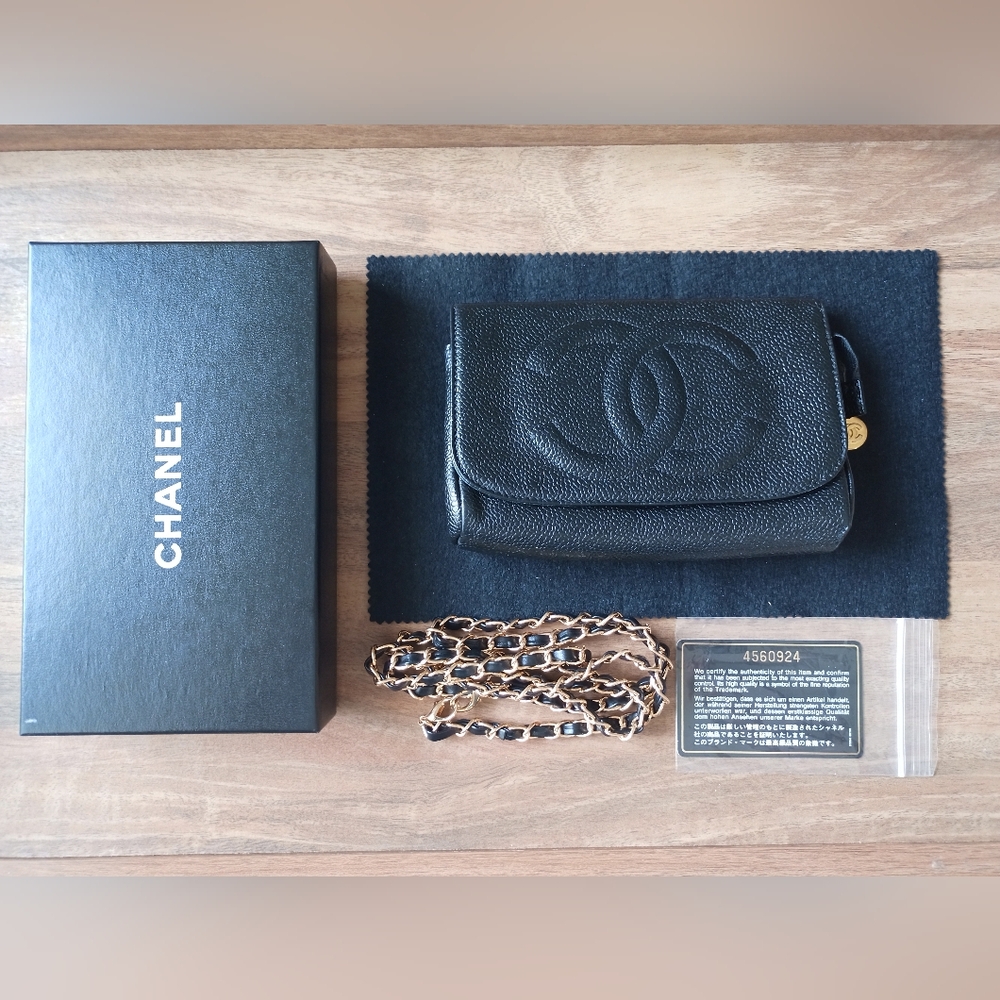 Authentic chanel Black Caviar Timeless Pochette With Chain